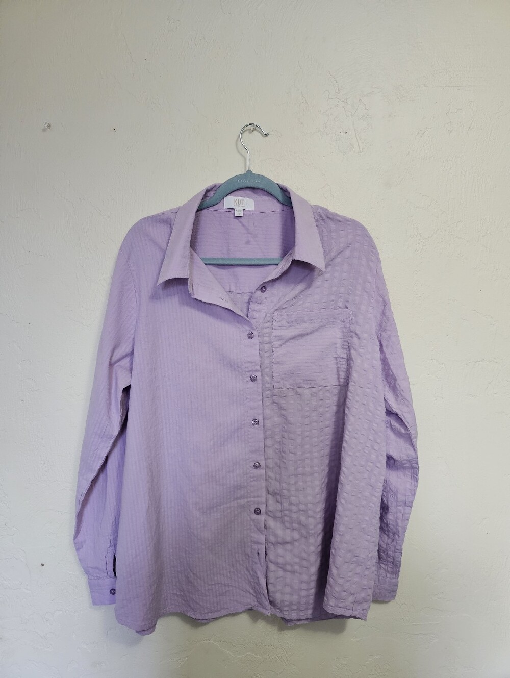 KUT from the Kloth Lilac Purple Seersucker Striped Mixed Texture Button Up Shirt